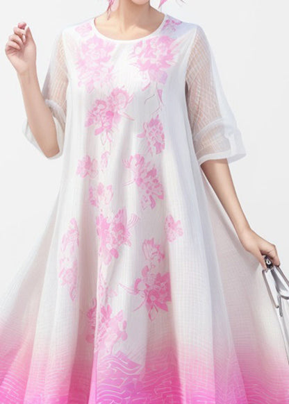 Plus Size Gradient Color O Neck Print Silk Dress Summer