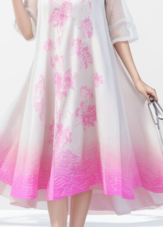 Plus Size Gradient Color O Neck Print Silk Dress Summer