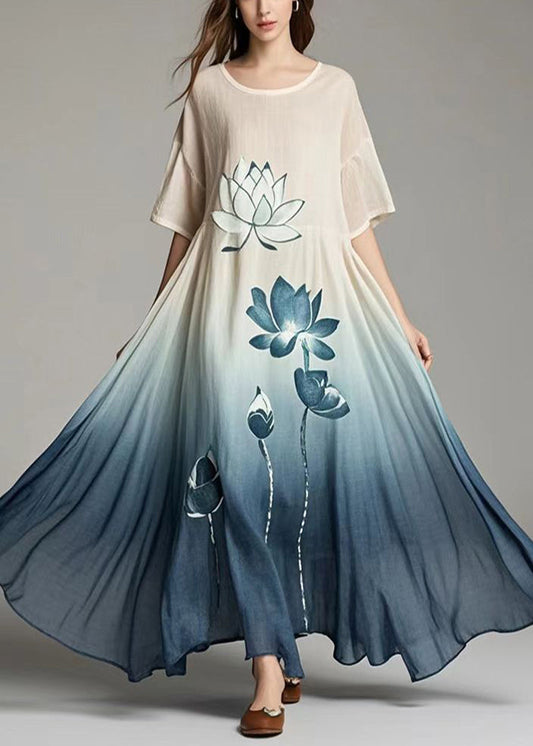 Plus Size Gradient Color Oversized Print Cotton Long Dresses Summer