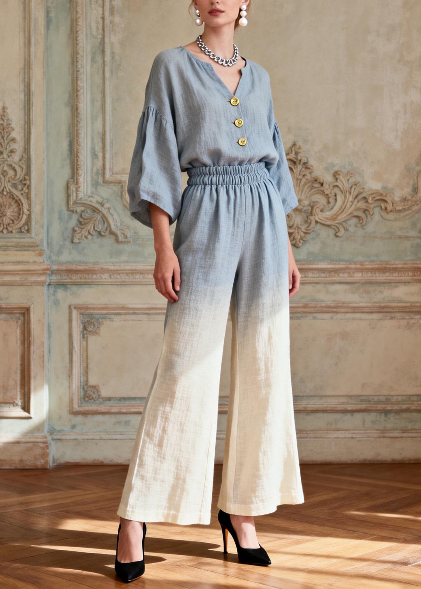 Plus Size Gradient Color V Neck Patchwork Linen Two Pieces Set Summer