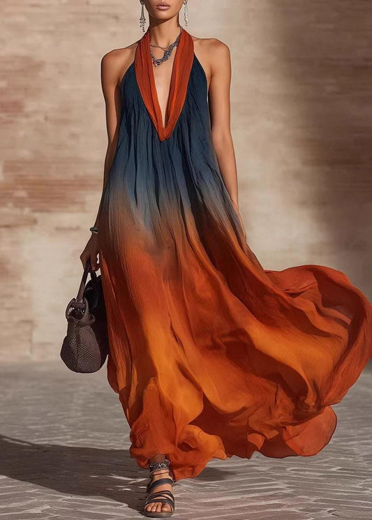 Plus Size Gradient Orange Backless Cotton Hatle Holiday Dress Summer