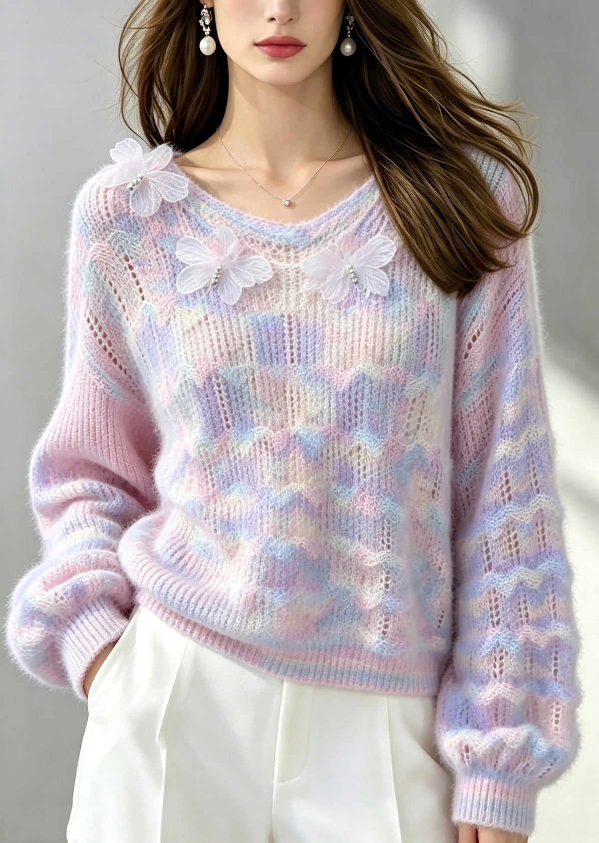 Plus Size Gradient Purple Sculptural Butterfly Knit Sweater Fall