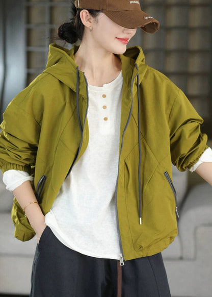 Plus Size Grass Green Hooded Pockets Spandex Coats Fall