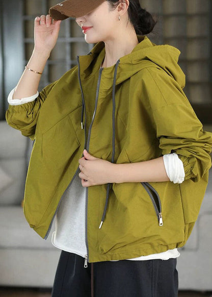 Plus Size Grass Green Hooded Pockets Spandex Coats Fall