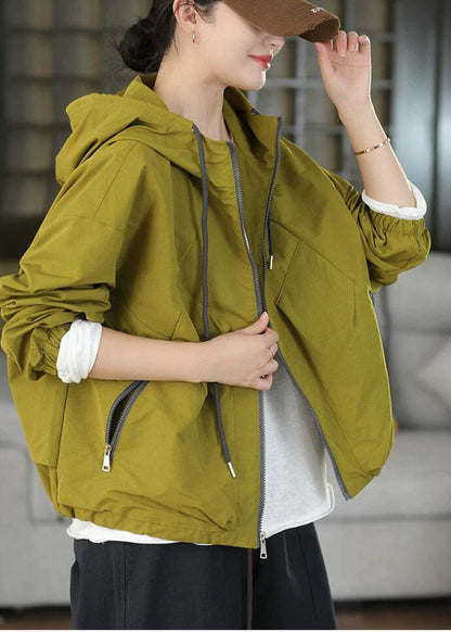 Plus Size Grass Green Hooded Pockets Spandex Coats Fall
