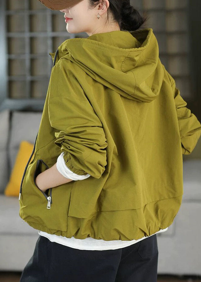Plus Size Grass Green Hooded Pockets Spandex Coats Fall