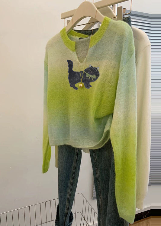 Plus Size Grass Green V Neck Tie Dye Knit Sweater Spring