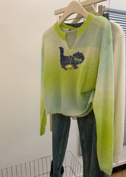 Plus Size Grass Green V Neck Tie Dye Knit Sweater Spring