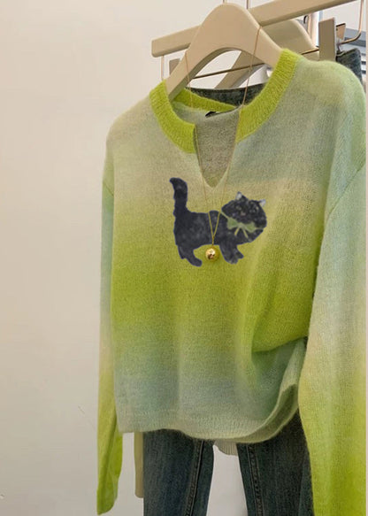 Plus Size Grass Green V Neck Tie Dye Knit Sweater Spring