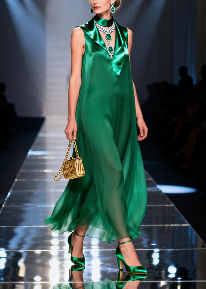 Plus Size Green Asymmetrical Patchwork Chiffon Robe Dresses Sleeveless