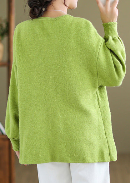 Plus Size Green Button Pockets Knit Coat Long Sleeve