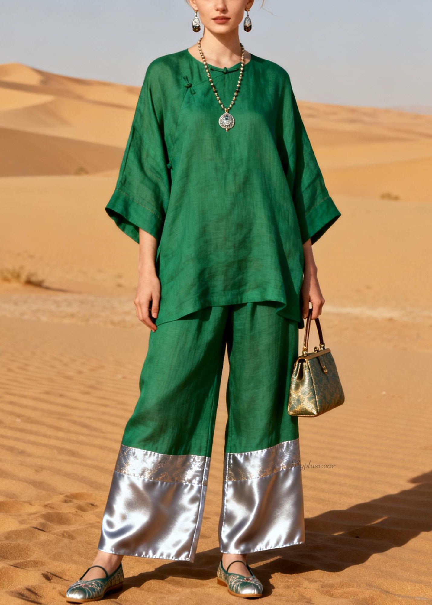 Plus Size Green Chinese Button Solid Patchwork Linen Two Pieces Set