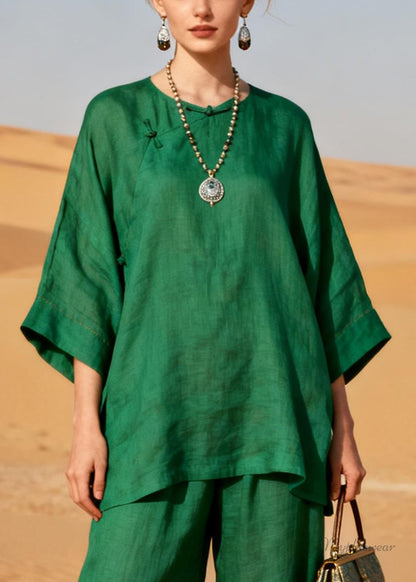 Plus Size Green Chinese Button Solid Patchwork Linen Two Pieces Set