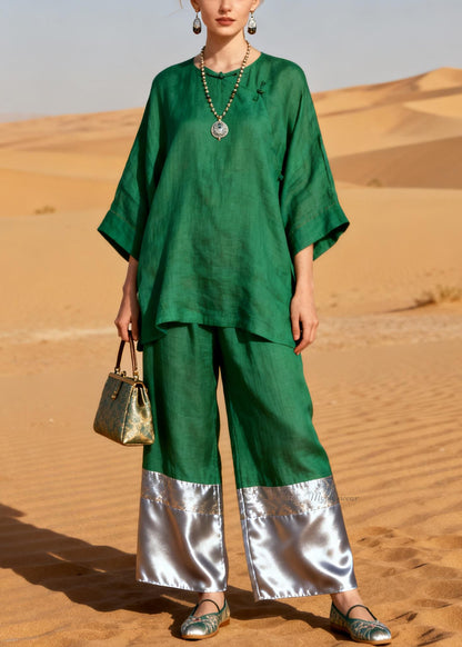 Plus Size Green Chinese Button Solid Patchwork Linen Two Pieces Set