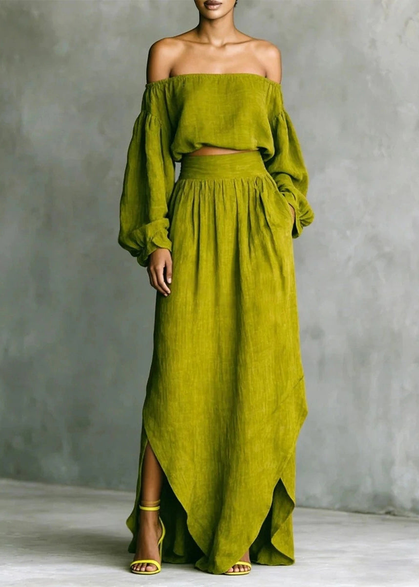 Plus Size Green Cold Shoulder Cotton Two Piece Set Women Clothing Long Sleeve
