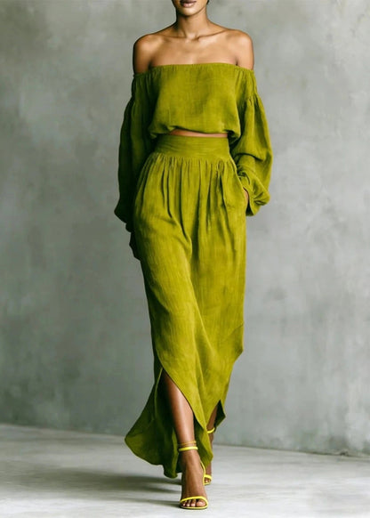 Plus Size Green Cold Shoulder Cotton Two Piece Set Women Clothing Long Sleeve
