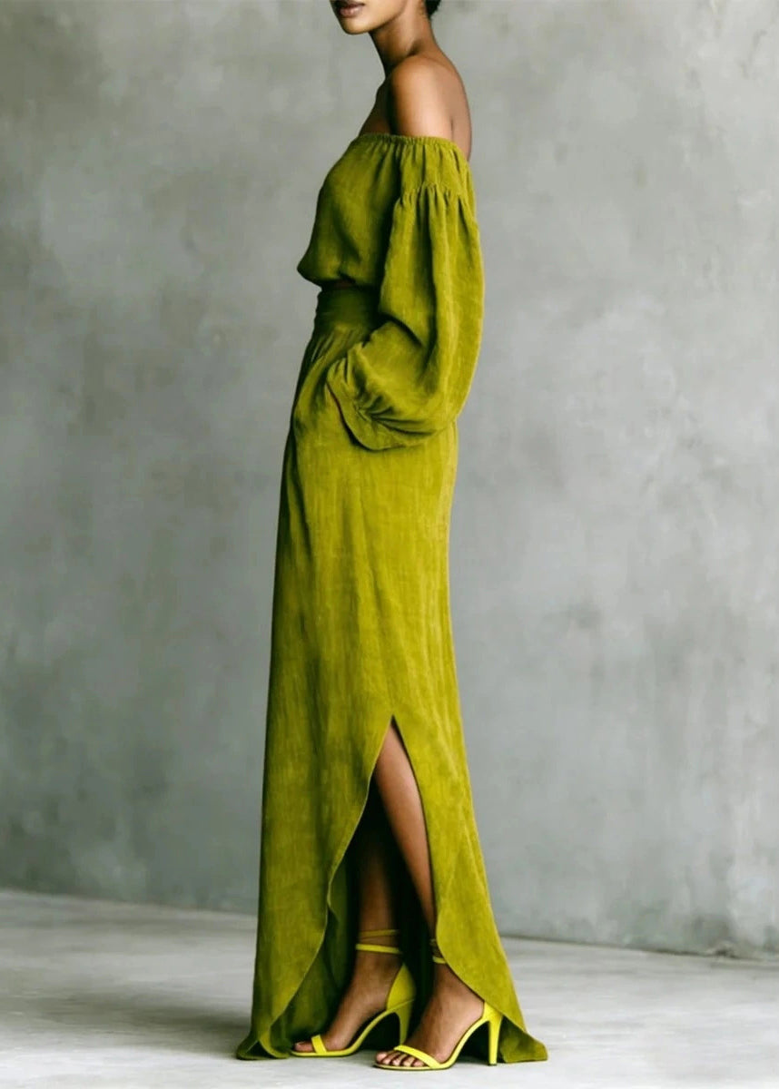 Plus Size Green Cold Shoulder Cotton Two Piece Set Women Clothing Long Sleeve