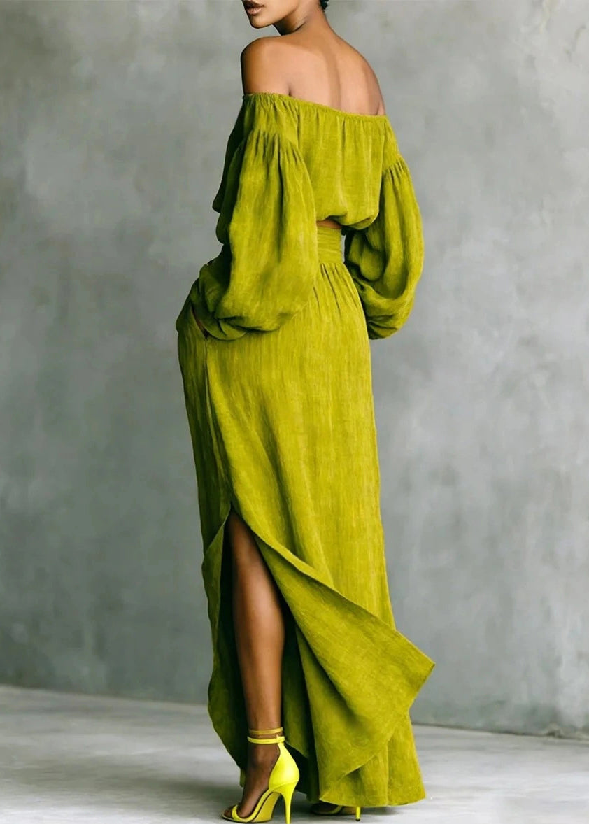 Plus Size Green Cold Shoulder Cotton Two Piece Set Women Clothing Long Sleeve