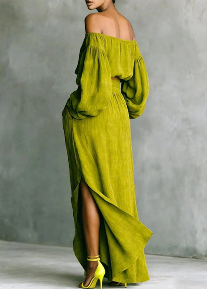 Plus Size Green Cold Shoulder Cotton Two Piece Set Women Clothing Long Sleeve
