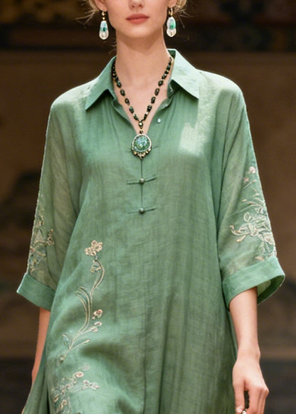 Plus Size Green Embroidered Chinese Button Cotton Maxi Dresses Summer