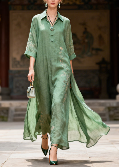 Plus Size Green Embroidered Chinese Button Cotton Maxi Dresses Summer