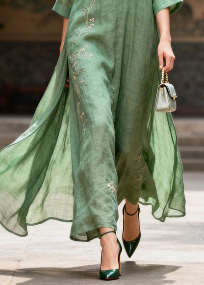 Plus Size Green Embroidered Chinese Button Cotton Maxi Dresses Summer