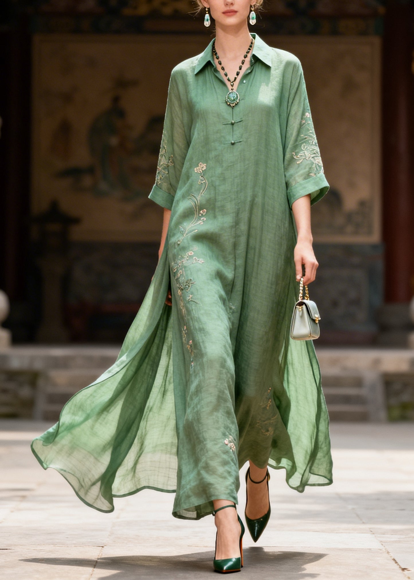 Plus Size Green Embroidered Chinese Button Cotton Maxi Dresses Summer