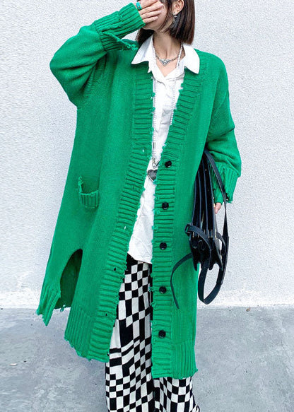Plus Size Green Hole side open Button Fall Knit Long sleeve Cardigan