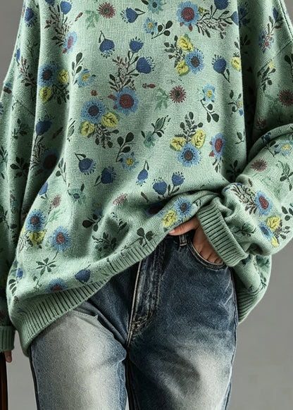 Plus Size Green O Neck Print Knit Sweater Tops Fall