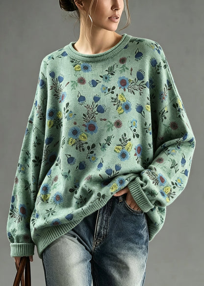 Plus Size Green O Neck Print Knit Sweater Tops Fall