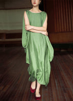 Plus Size Green O Neck Solid Cotton Long Dress Batwing Sleeve