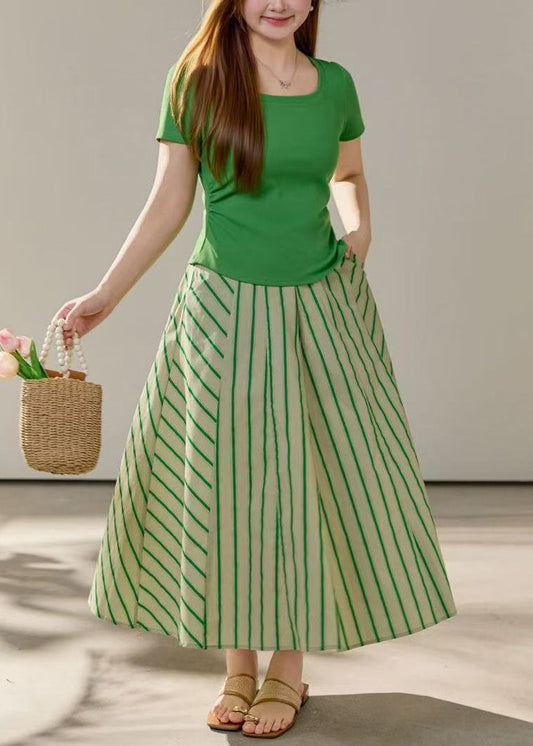 Plus Size Green O-Neck Striped Cotton Two Pieces Set Summer