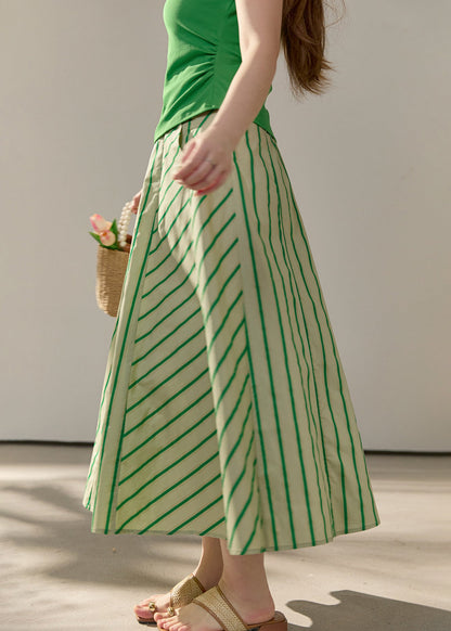 Plus Size Green O-Neck Striped Cotton Two Pieces Set Summer