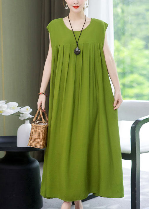 Plus Size Green O Neck Wrinkled Patchwork Cotton Dress Summer