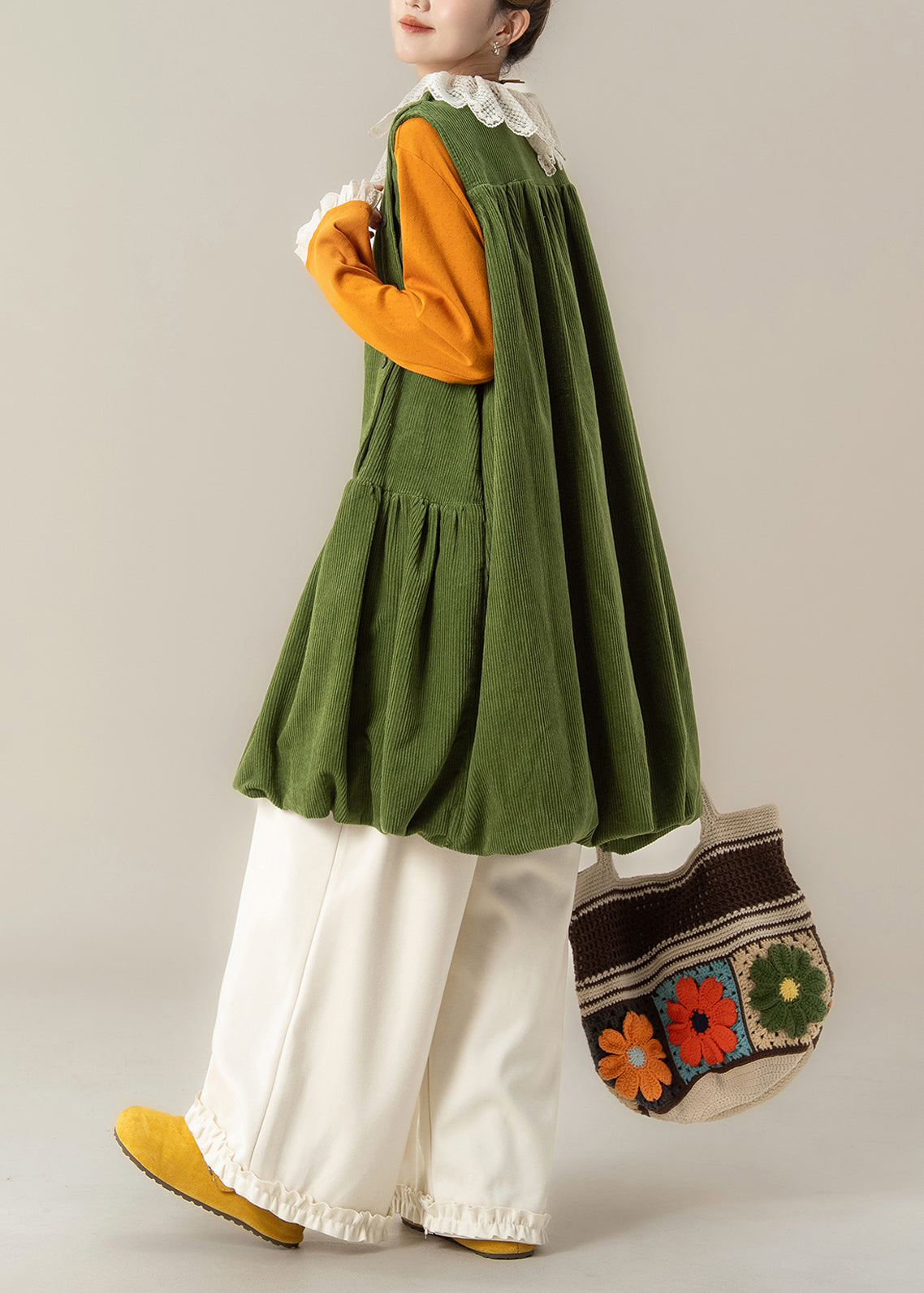 Plus Size Green Oversized Corduroy Mid Dress Spring