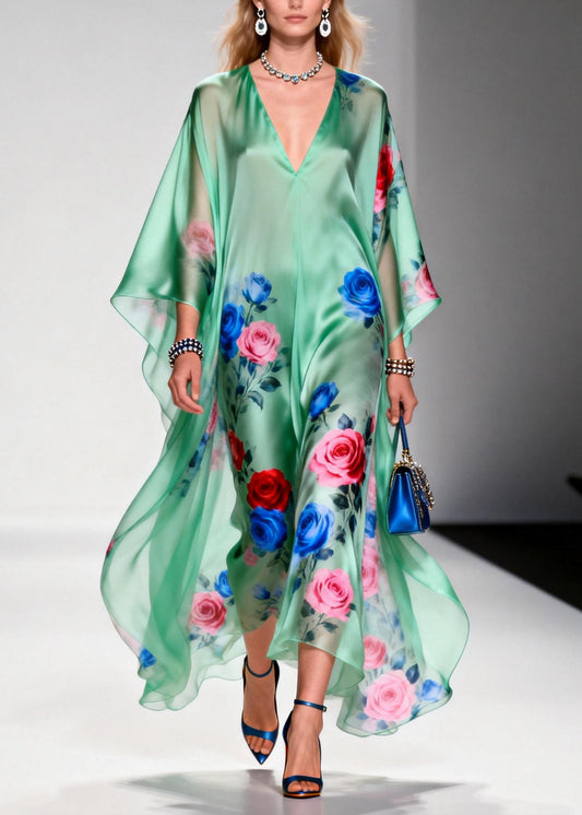 Plus Size Green Oversized Floral Print Chiffon Beach Dress Summer