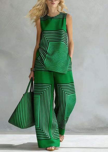 Plus Size Green Oversized Print Cotton Two Pieces Set Sleeveless