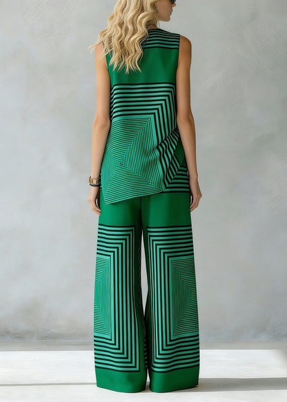 Plus Size Green Oversized Print Cotton Two Pieces Set Sleeveless