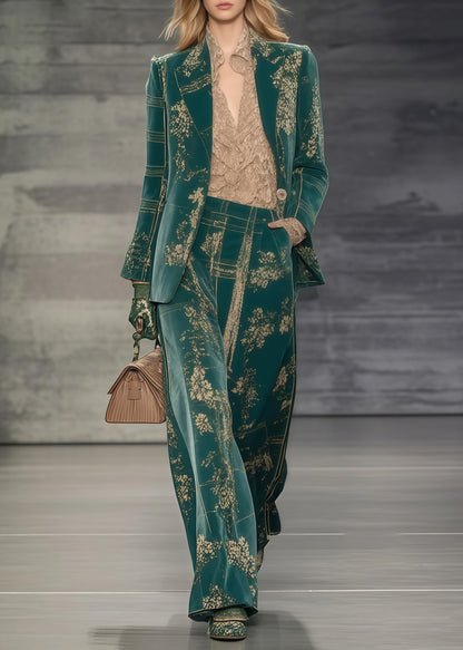 Plus Size Green Oversized Print Spandex Coats And Straight Pants Two Piece Set Spring