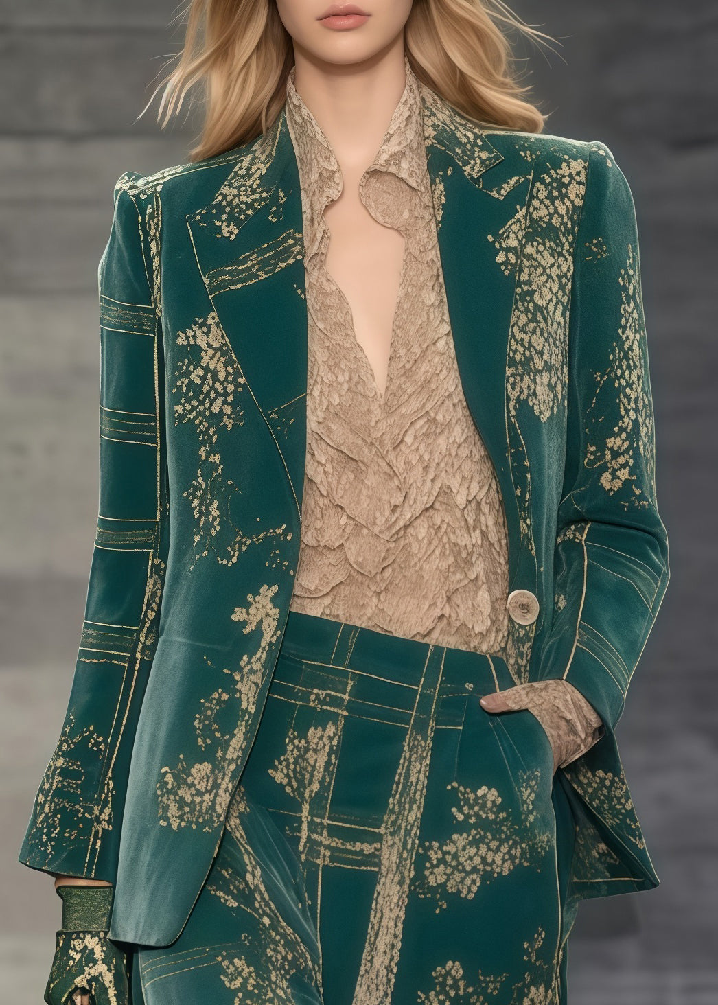 Plus Size Green Oversized Print Spandex Coats And Straight Pants Two Piece Set Spring
