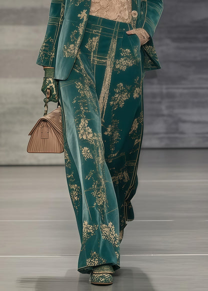 Plus Size Green Oversized Print Spandex Coats And Straight Pants Two Piece Set Spring