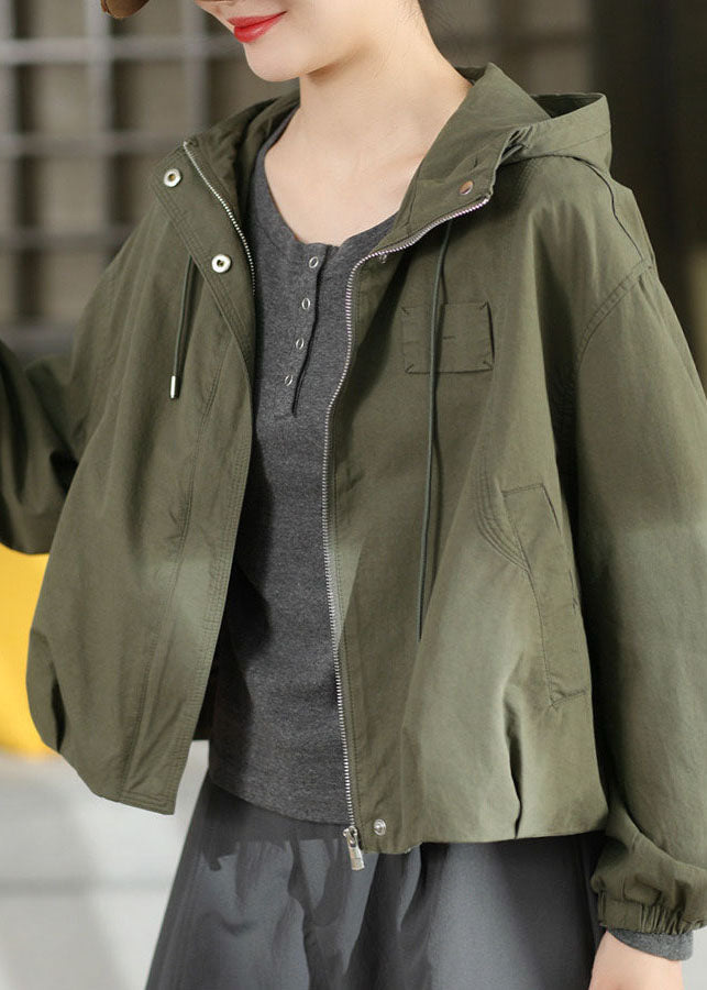 Plus Size Green Patchwork Hooded Coat Lantern Sleeve