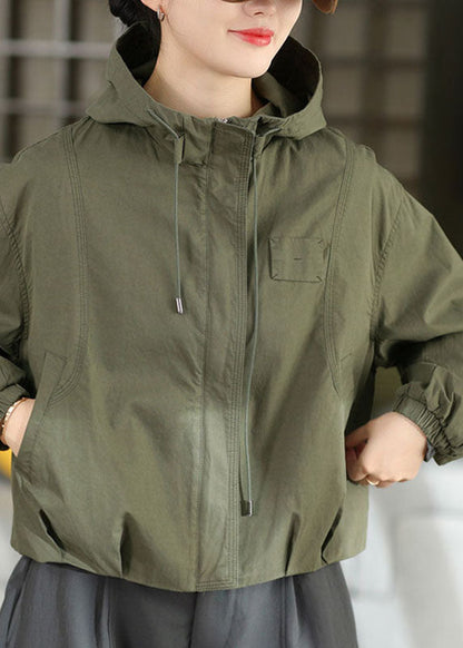 Plus Size Green Patchwork Hooded Coat Lantern Sleeve