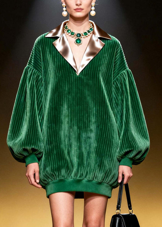 Plus Size Green Peter Pan Collar Patchwork Corduroy Day Dress Sleeveless