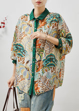 Load image into Gallery viewer, Plus Size Green Peter Pan Collar Print Linen Blouses Summer