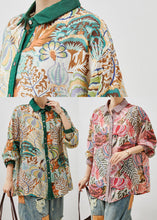 Load image into Gallery viewer, Plus Size Green Peter Pan Collar Print Linen Blouses Summer
