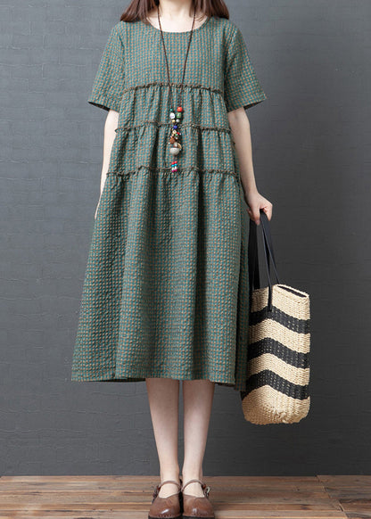 Plus Size Green Plaid O-Neck Wrinkled Patchwork Linen Party Dress Short Sleeve