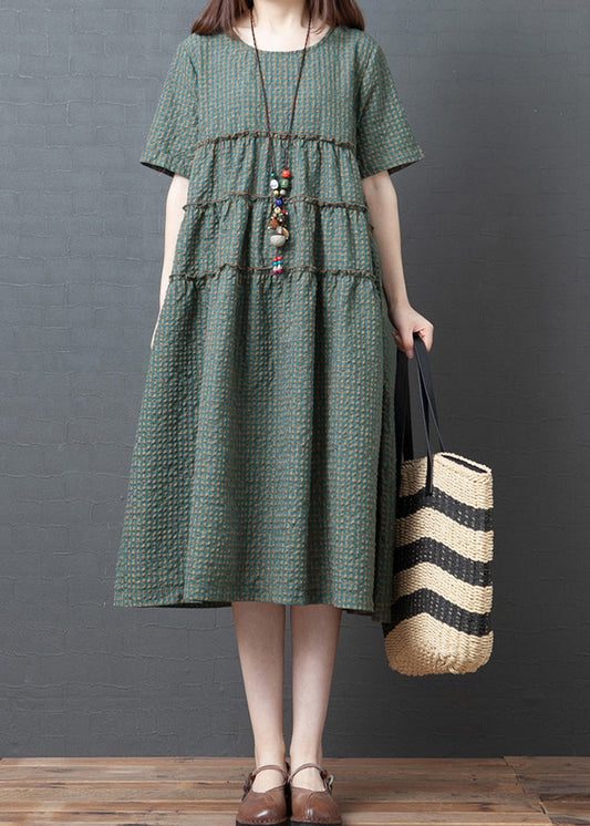Plus Size Green Plaid O-Neck Wrinkled Patchwork Linen Party Dress Short Sleeve