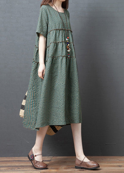 Plus Size Green Plaid O-Neck Wrinkled Patchwork Linen Party Dress Short Sleeve