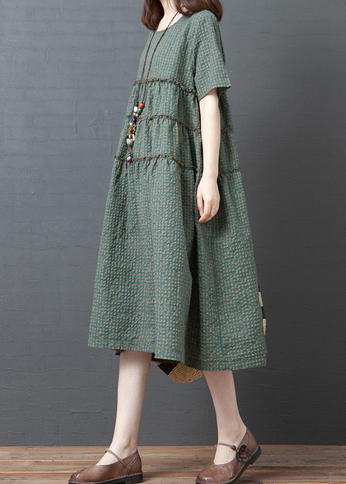 Plus Size Green Plaid O-Neck Wrinkled Patchwork Linen Party Dress Short Sleeve